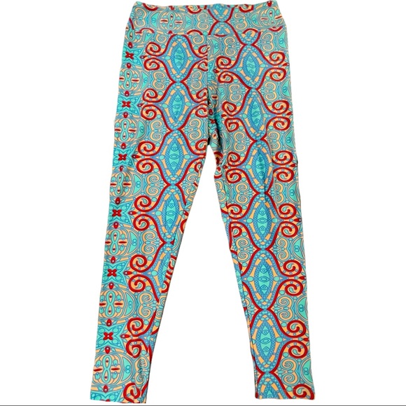Lularoe Tall & Curvy red, peach, light blue, & teal swirl design soft leggings - Picture 5 of 9